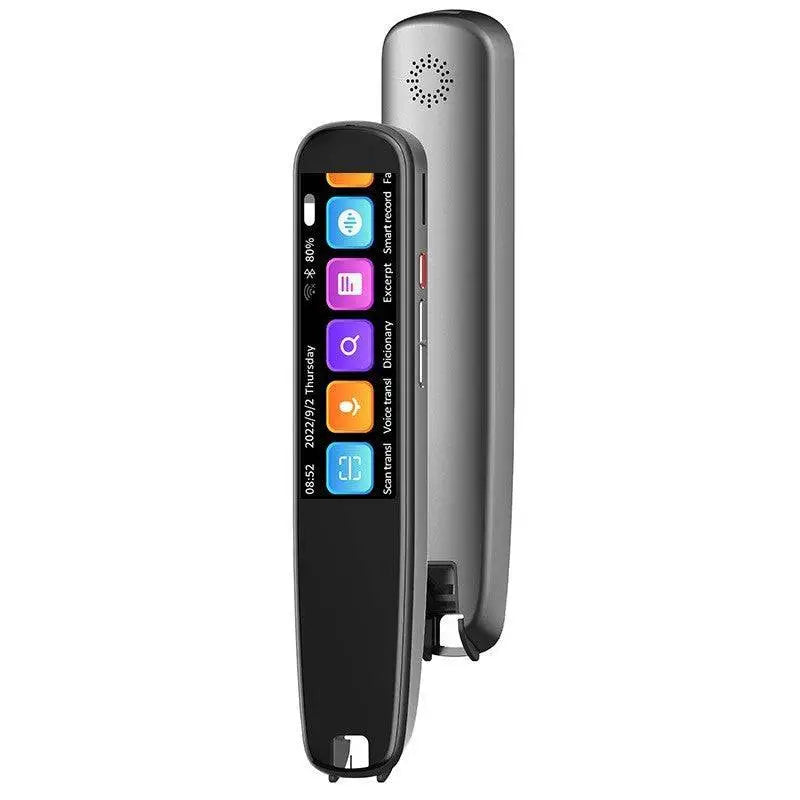 Black slim offline scanning translation dictionary pen with touchscreen displaying colorful app icons and silver back panel