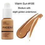 Phoera warm sun 106 oil control matte liquid foundation in translucent amber bottle for medium golden skin tone