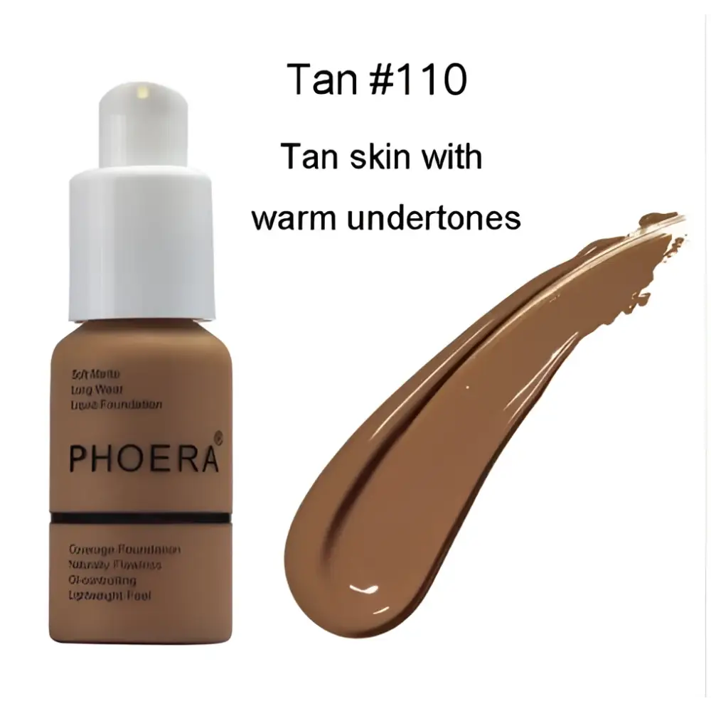 Tan 110 oil control matte liquid foundation in a sleek transparent bottle with a white pump for luxury women’s fashion