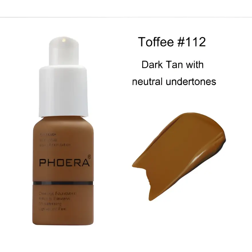 Toffee 112 dark tan liquid foundation with oil control and matte finish from phoera for luxury women’s fashion