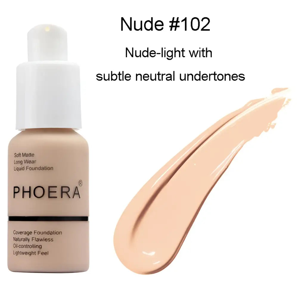 Nude 102 phoera soft matte liquid foundation in beige bottle with white pump designed for oil control in luxury women’s fashion