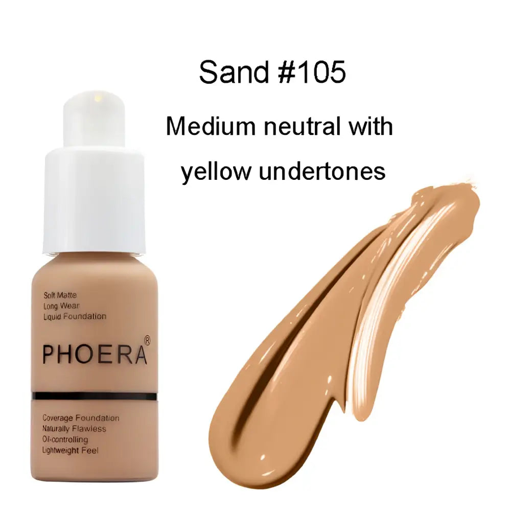 Phoera sand 105 oil control matte liquid foundation in medium neutral shade with yellow undertones for luxury women’s fashion