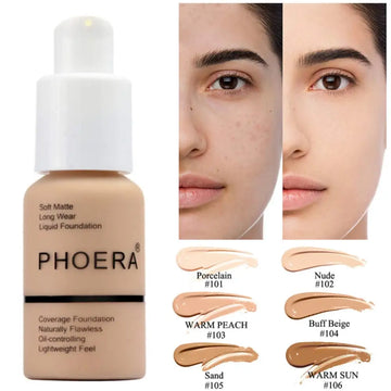 Phoera oil control matte liquid foundation in beige bottle with white pump available in shades porcelain 101 and warm sun 106