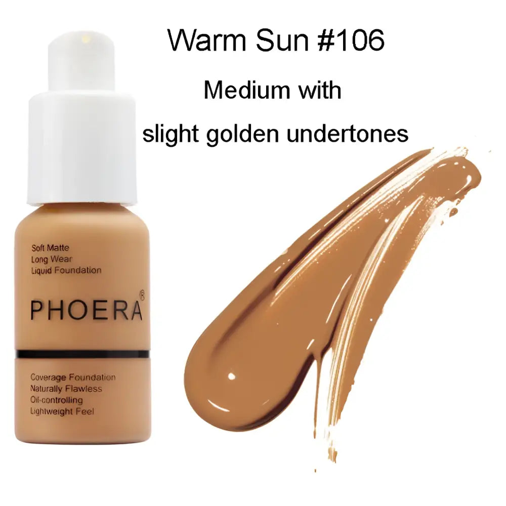 Phoera oil control matte liquid foundation in beige bottle with white pump available in shades porcelain 101 and warm sun 106
