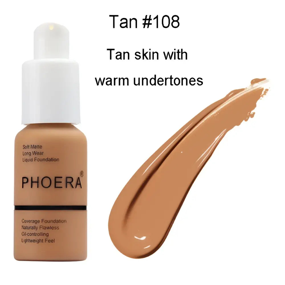 Tan 108 soft matte liquid foundation in a white pump bottle offers oil control for tan skin in luxury women’s fashion