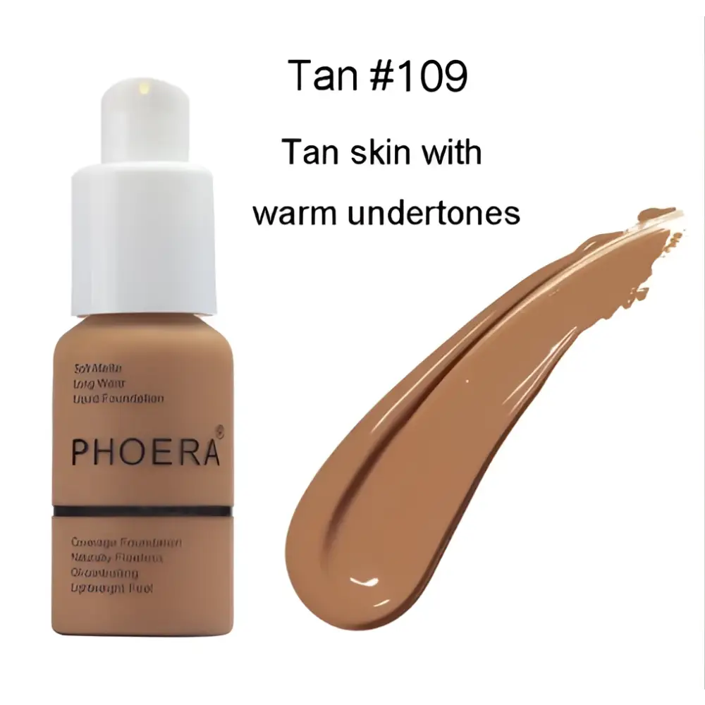 Tan 109 phoera oil control matte liquid foundation in a transparent bottle with white pump for luxury women’s fashion