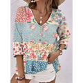 Oil painting printed floral v-neck blouse in pastel patchwork colors with button-front detail made of polyester fiber