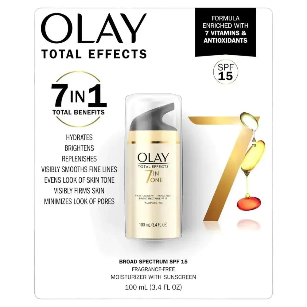 Olay total effects 7 in 1 spf 15 moisturizer in a sleek transparent bottle with black pump and gold accents 100ml