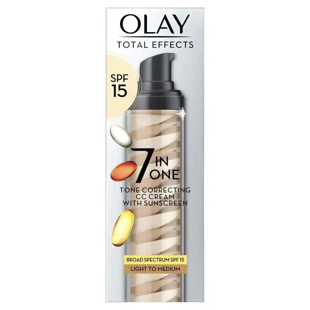 Olay total effects total effects tone correcting cc cream spf 15 in a sleek transparent bottle with black pump light medium shade