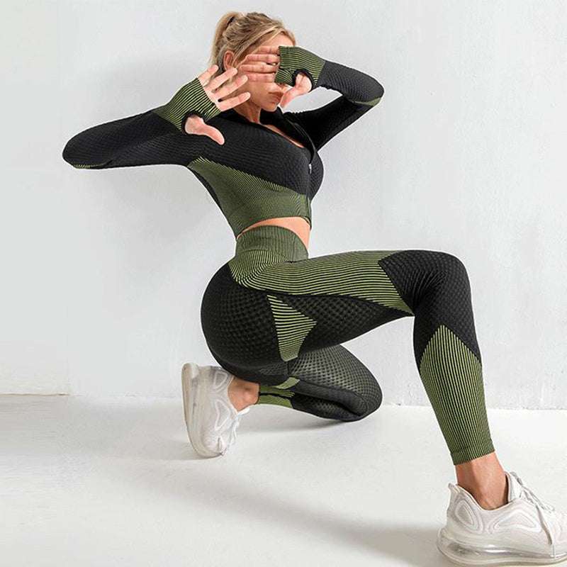 an olive and black mesh-paneled athletic two-piece set with ribbed detailing suitable for high waist and seamless leggings styles featured in the best tie dye and seamless leggings for women 2026.