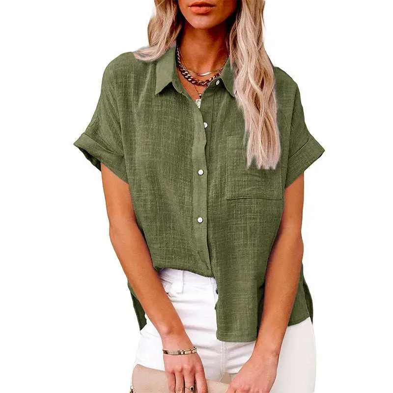 Olive green casual cotton linen pocket shirt with short sleeves, button-up front, and subtle textured weave