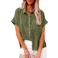 Olive green casual short-sleeved shirt with subtle textured weave cotton linen pocket for versatile casual wear