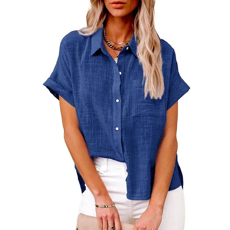 Blue short-sleeved casual cotton linen shirt with textured fabric and rolled cuffs in an olive green casual cotton linen pocket style