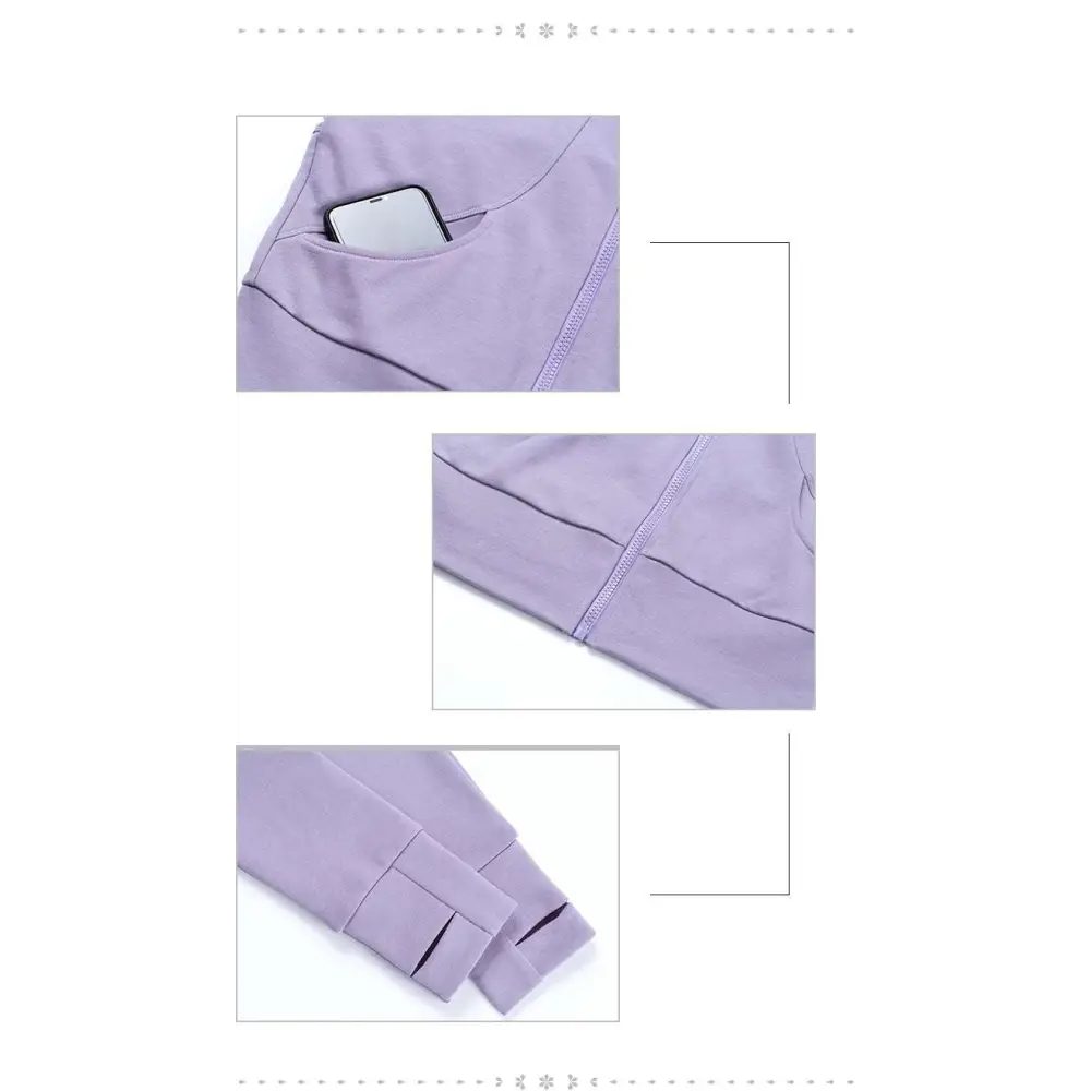 Lavender athletic leggings with smooth stretchy fabric and subtle seam detailing paired with olive green cropped running sport coat royale essence lux