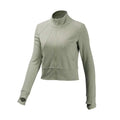 A sleek olive green cropped running sport coat with sage zip-up high collar and ribbed cuffs from royale essence lux