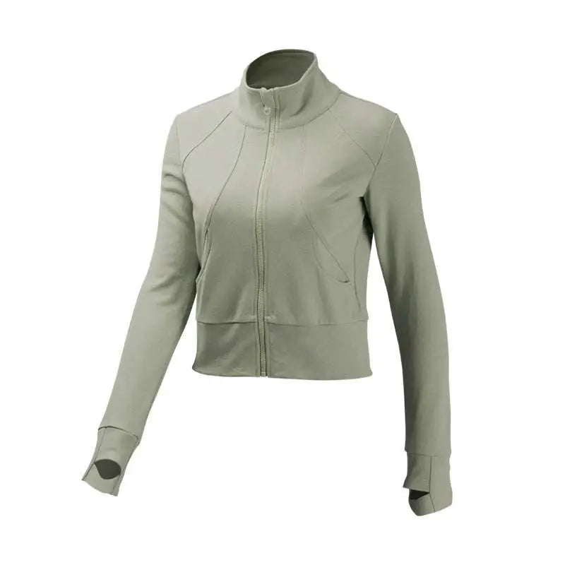 A sleek olive green cropped running sport coat with a high collar and ribbed cuffs from royale essence lux