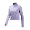 Lavender long-sleeved zip-up athletic jacket with high collar and ribbed cuffs, complementing olive green cropped running sport coat from royale essence lux