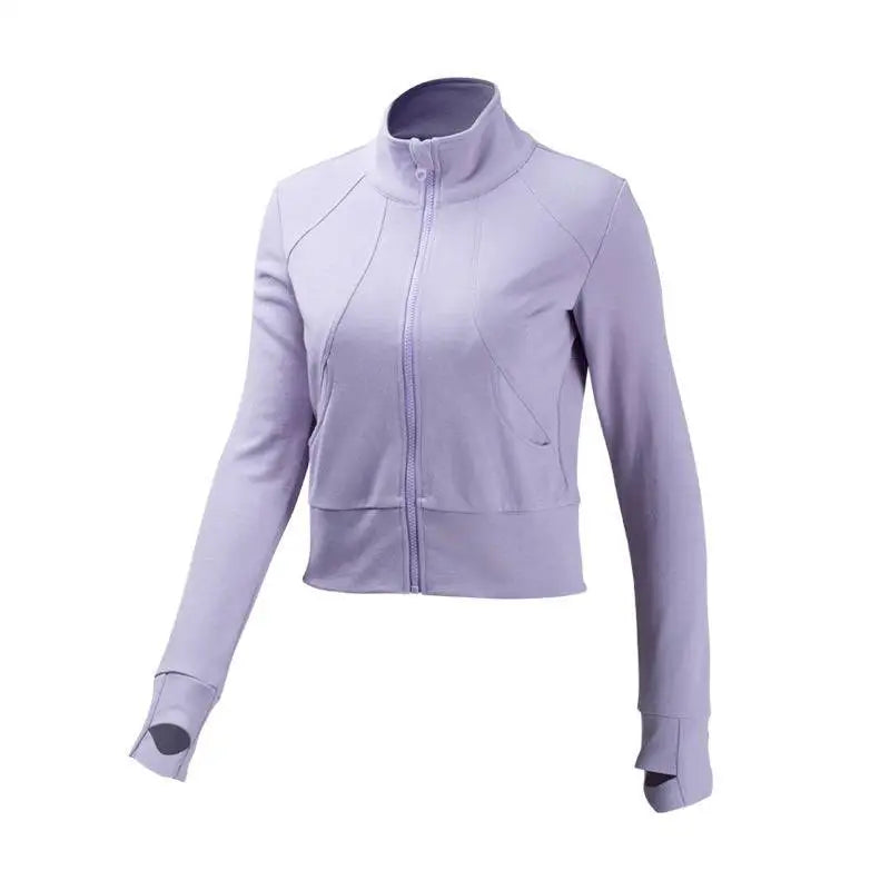 Lavender long-sleeved zip-up athletic jacket with high collar and ribbed cuffs, complementing olive green cropped running sport coat from royale essence lux