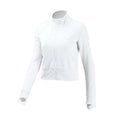 White zip-up athletic running sport coat with long sleeves and cropped hem by royale essence lux