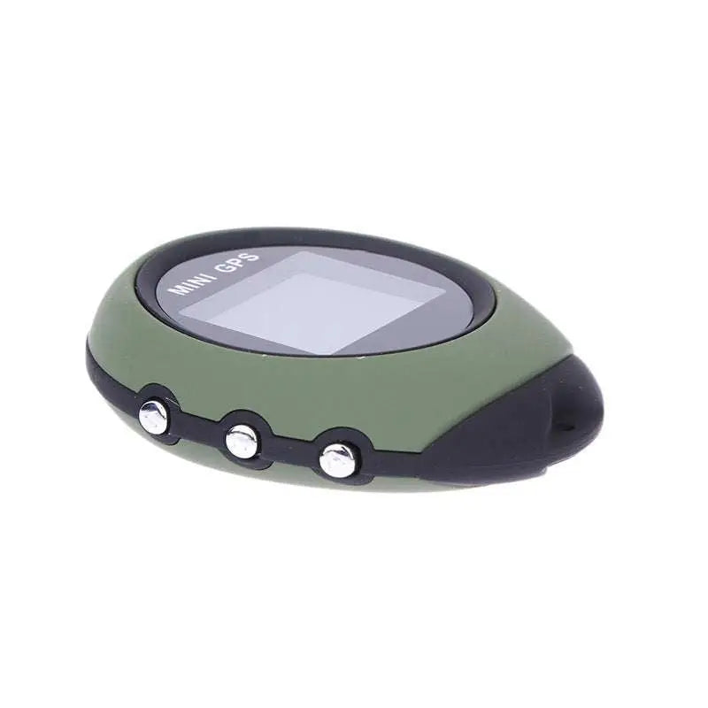 Olive green mini car gps tracker with digital rectangular screen and three silver buttons for vehicle tracking