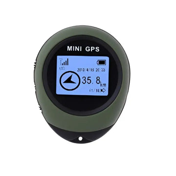 Olive green mini car gps tracker with circular design and digital screen displaying navigation data