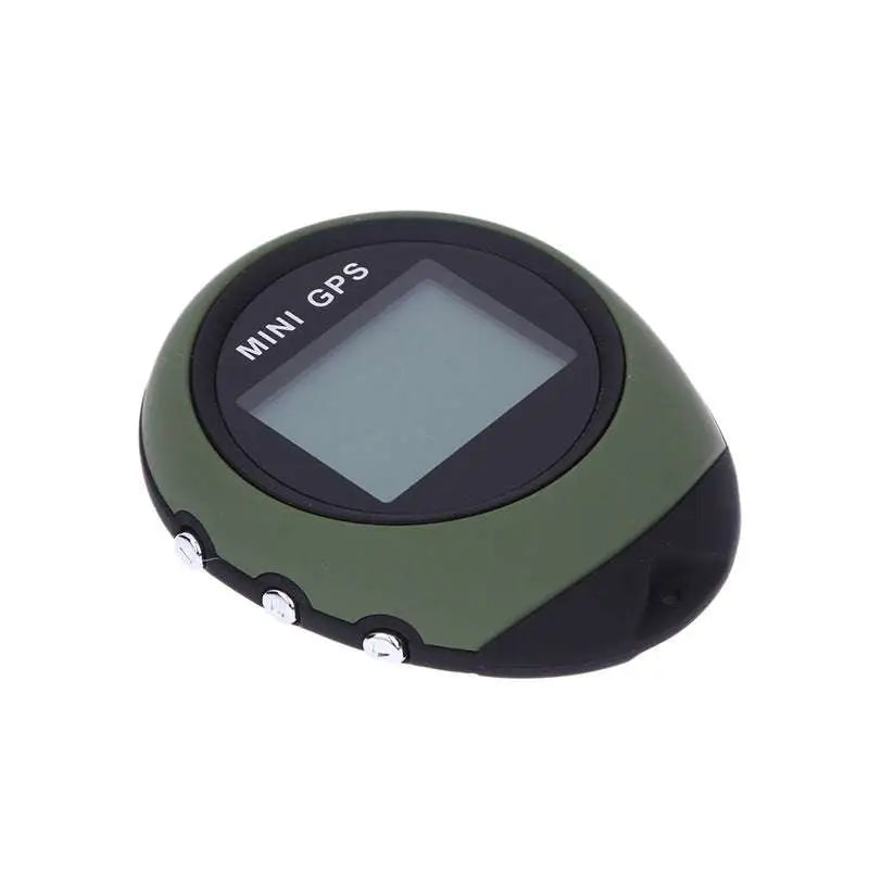 Olive green mini car gps tracker with circular digital screen and three silver buttons for vehicle tracking