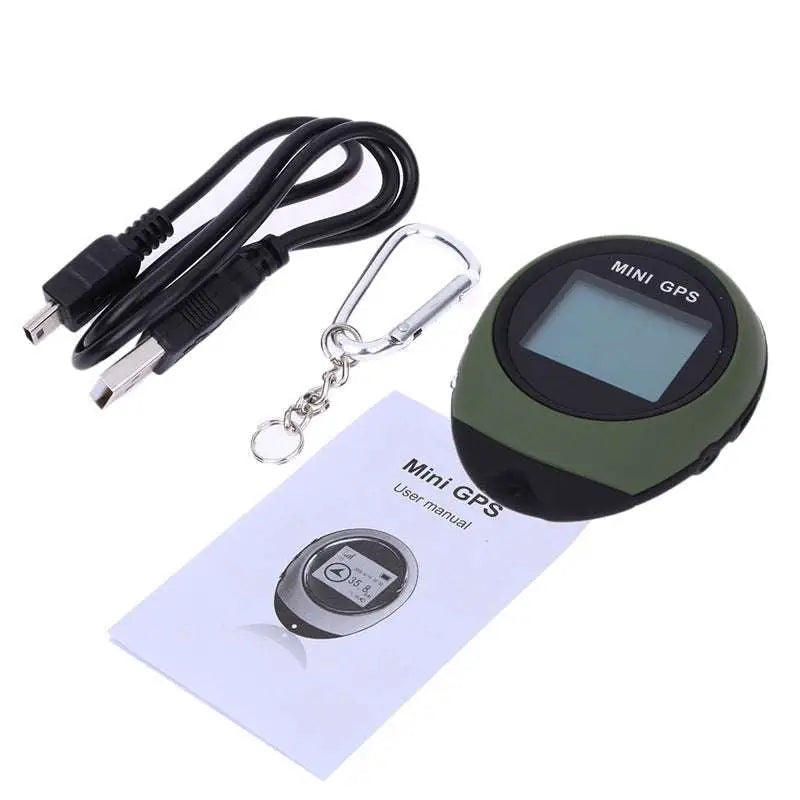 Olive green mini car gps tracker with circular design and digital screen displaying navigation data