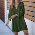 Olive green solid long-sleeved shirt dress with button-down front and tied cuff detail in lightweight fabric