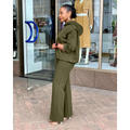 Olive green solid loose hooded sweatsuit with flared pants designed for comfortable casual wear