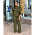 Olive green solid loose hooded sweatsuit set with a casual wear design featuring a sweatshirt and wide-leg pants