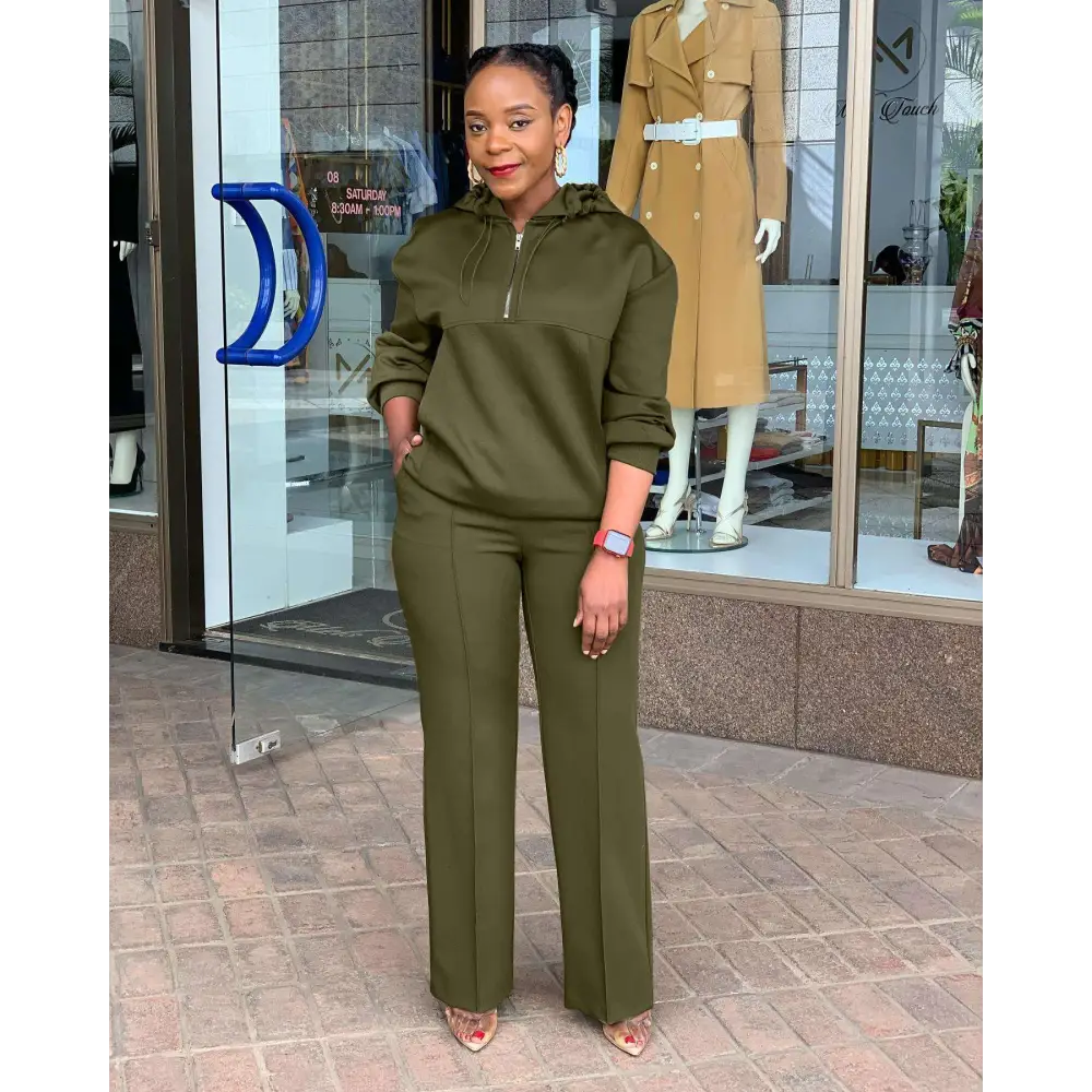 Olive green solid loose hooded sweatsuit set with a casual wear design featuring a sweatshirt and wide-leg pants