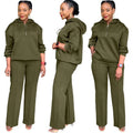 Olive green solid loose hooded sweatsuit set featuring a casual wear hooded sweatshirt and wide-leg pants