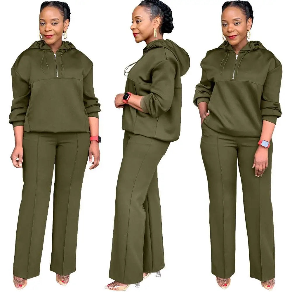 Olive green solid loose hooded sweatsuit set featuring a casual wear hooded sweatshirt and wide-leg pants