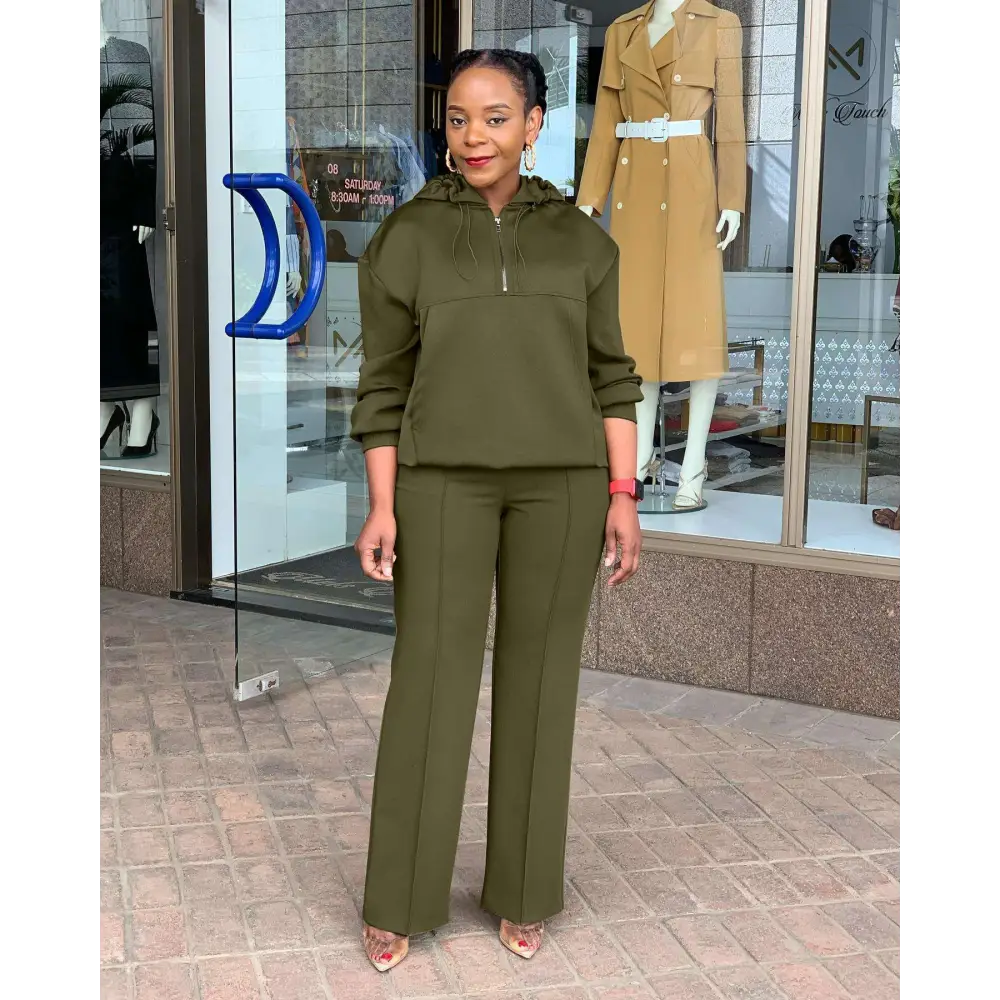 Olive green solid loose hooded sweatsuit set with wide-leg pants perfect casual wear for comfort and style