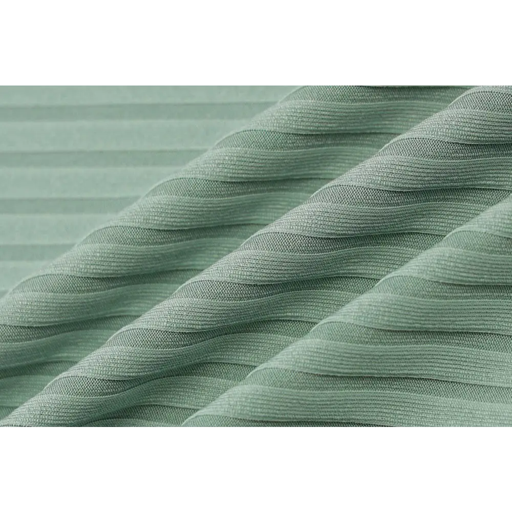 A soft mint-green pleated fabric detail of an olive green stripe knitted women sleeveless dress with fine woven texture