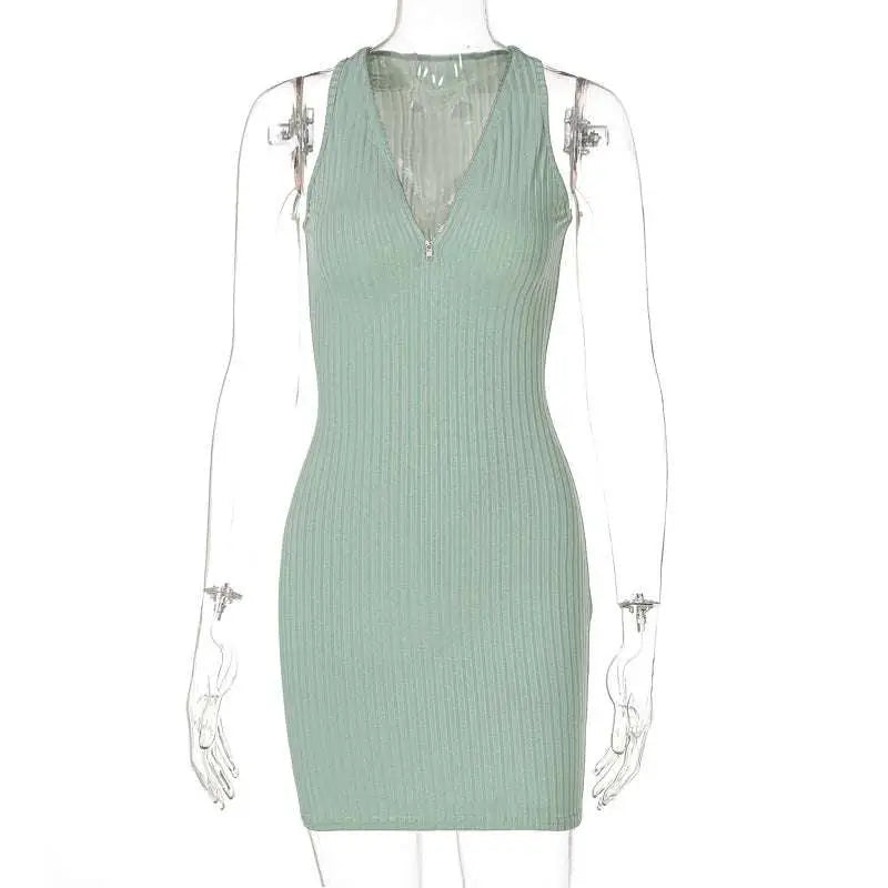 A sleek olive green stripe knitted women sleeveless dress with a deep v-neckline and sheer mesh back panel