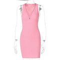 Pink ribbed sleeveless bodycon dress with v neck and front zipper contrasting olive green stripe knitted women sleeveless dress