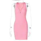 Pink ribbed sleeveless bodycon dress with v neck and front zipper contrasting olive green stripe knitted women sleeveless dress