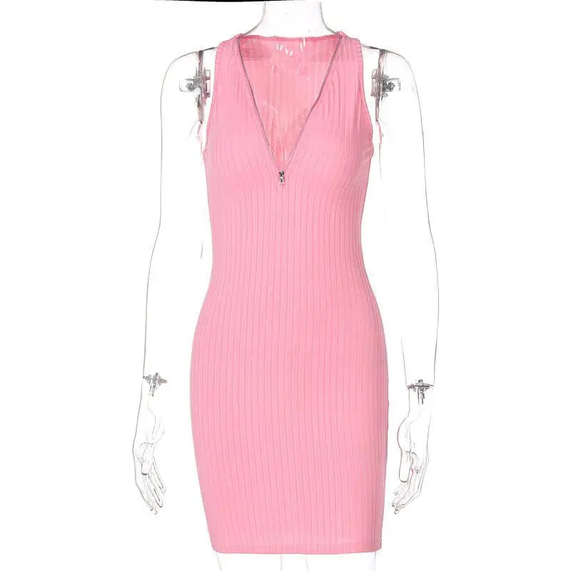 Pink ribbed sleeveless bodycon dress with v neck and front zipper contrasting olive green stripe knitted women sleeveless dress