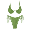 Olive green two piece bikini set with ribbed fabric, adjustable shoulder straps, triangle top, and high cut side tie bottoms