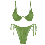Olive green two piece bikini set with ribbed fabric, adjustable shoulder straps, triangle top, and high cut side tie bottoms
