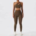 Olive green yoga high-waisted leggings with textured fabric and side pockets as part of bra fitness suit
