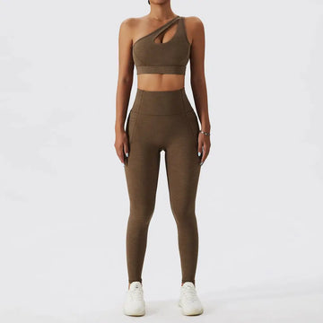 Olive green yoga high-waisted leggings with textured fabric and side pockets as part of bra fitness suit
