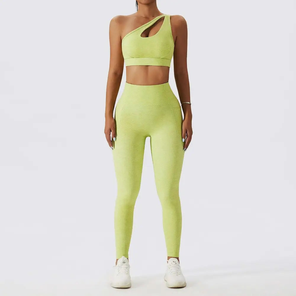Olive green yoga high-waisted leggings with textured fabric and side pockets as part of bra fitness suit