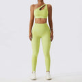A vibrant lime green seamless bra fitness suit with one-shoulder crop top cutout and high-waisted leggings for olive green yoga