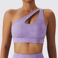 Lavender heathered sports bra with one-shoulder design and cutout detail featured in olive green yoga bra fitness suit with pockets