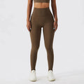 High-waisted olive green yoga leggings with textured fabric and side pockets in bra fitness suit for sports underwear gathers
