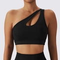 Black one-shoulder sports bra with cutout design paired with olive green yoga bra fitness suit with pockets and gathers