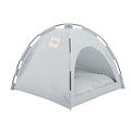 Light gray fabric cat tent with black metal frame and soft cushion inside for comfortable pet resting