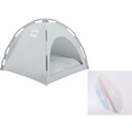 Light gray fabric cat tent with black metal frame poles and small white label front for olive green zippered cooling mat use
